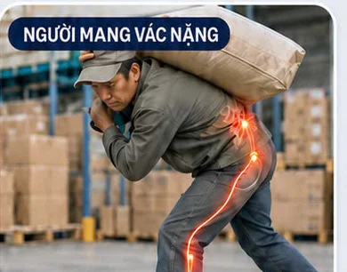 Người lao động vác bao nặng trên vai trong kho, vùng thắt lưng và chân được đánh dấu đau