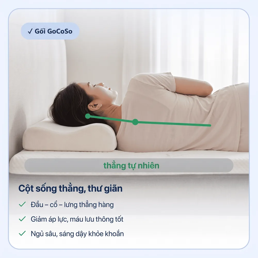 Gối GoCoSo — cột sống thẳng tự nhiên, thư giãn, ngủ sâu
