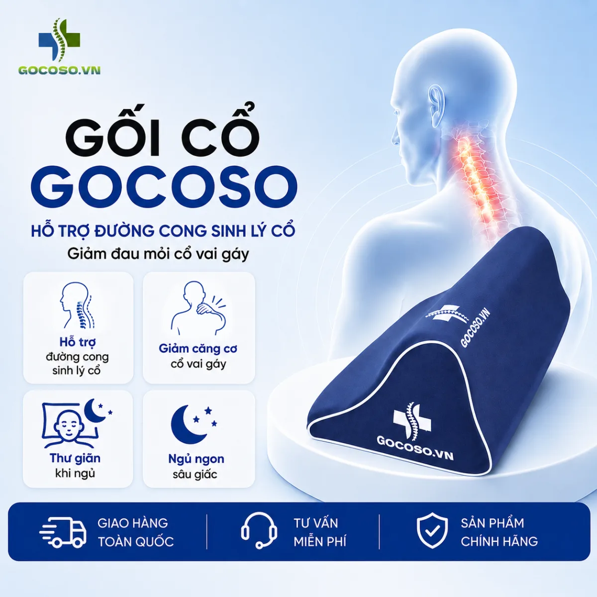 Gối cổ GoCoSo — nâng đỡ đốt sống cổ, duy trì đường cong sinh lý, thư giãn cổ vai gáy