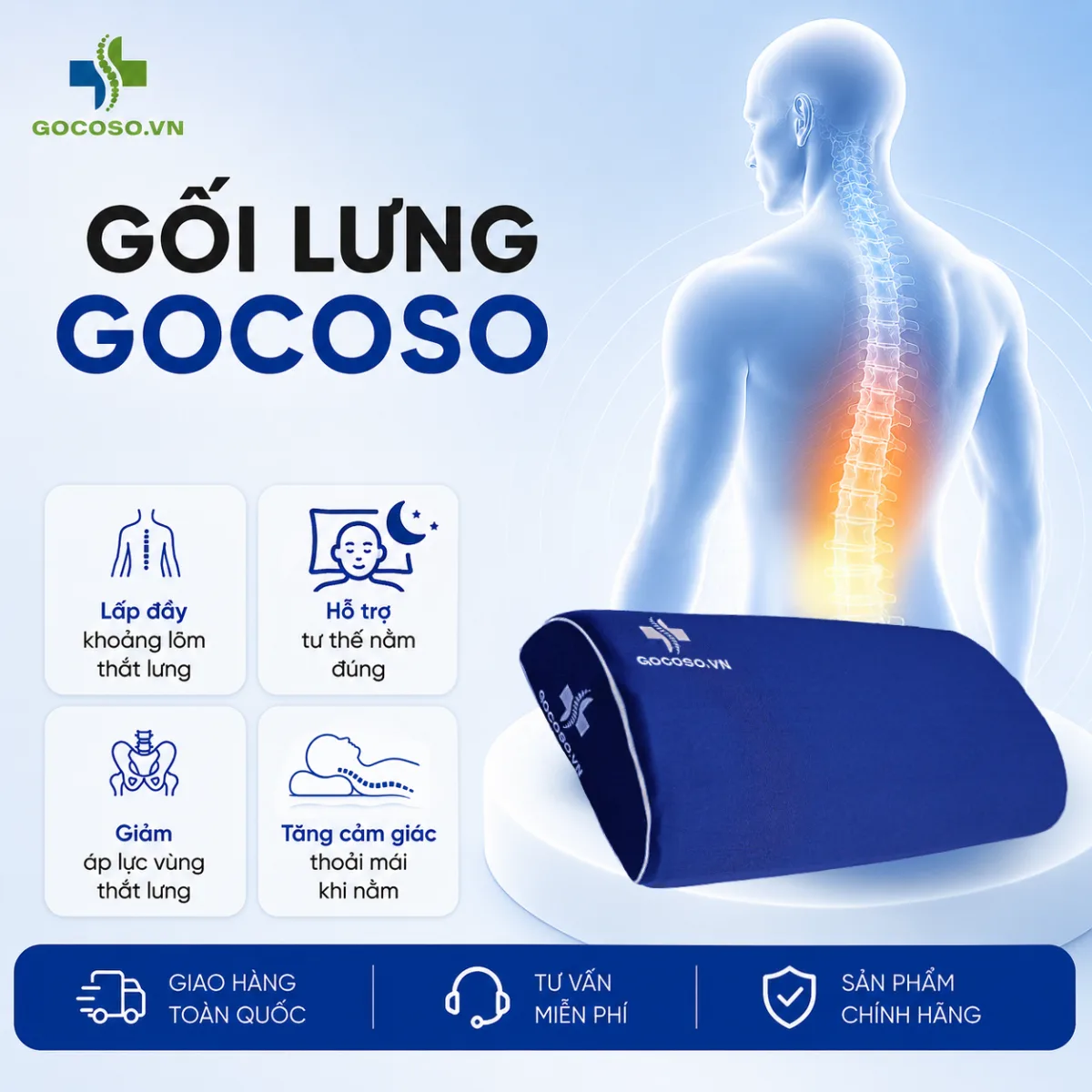 Gối lưng GoCoSo — nâng đỡ thắt lưng, duy trì đường cong cột sống, giảm áp lực lưng dưới