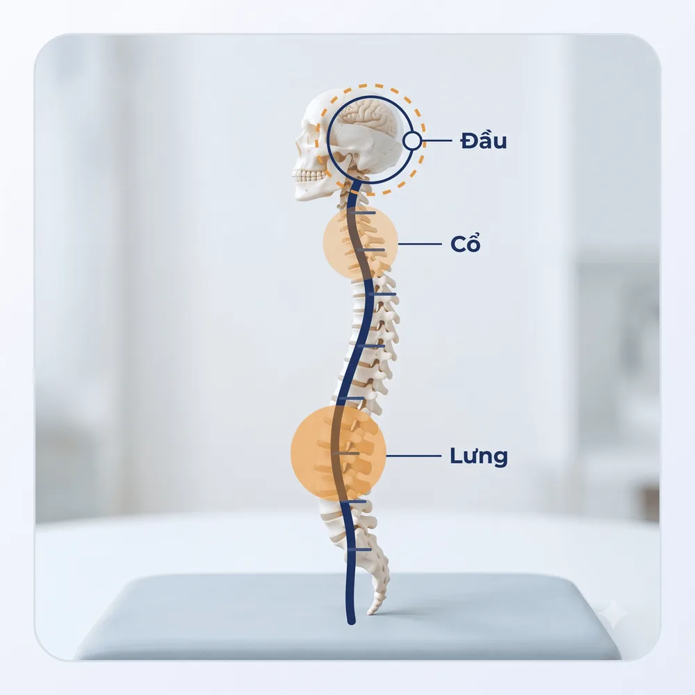 Mô phỏng cột sống — bộ 3 gối GoCoSo nâng đỡ 3 vùng đầu, cổ, thắt lưng