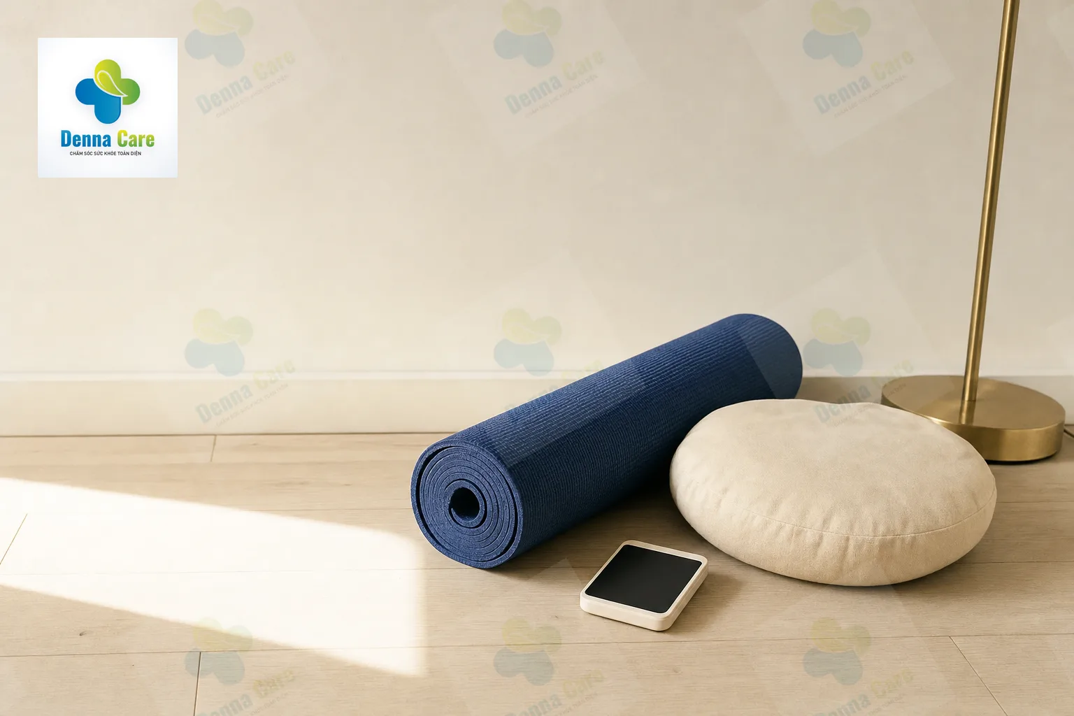 Góc nhỏ trong nhà với thảm tập và gối dùng cho giãn cơ cổ vai gáy