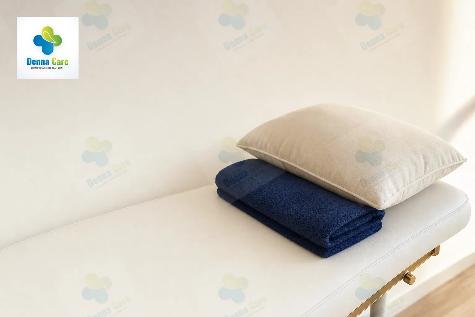 Giường khám đơn giản với gối đỡ cổ và khăn màu navy