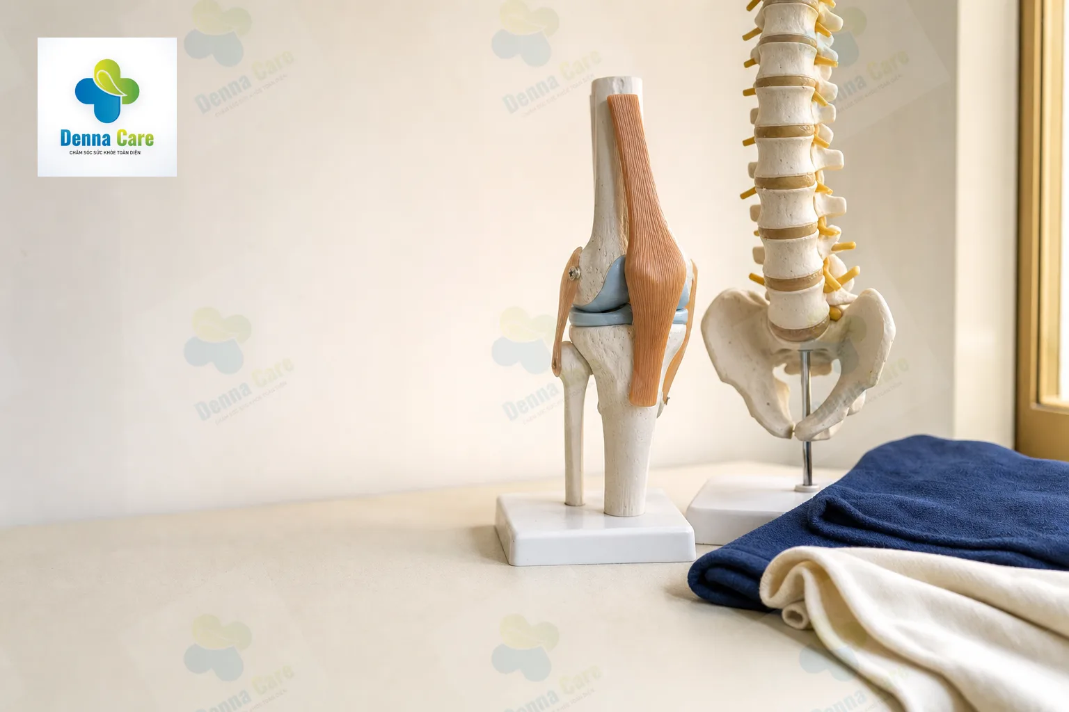 Mô hình khớp gối và cột sống minh họa vùng hay đau