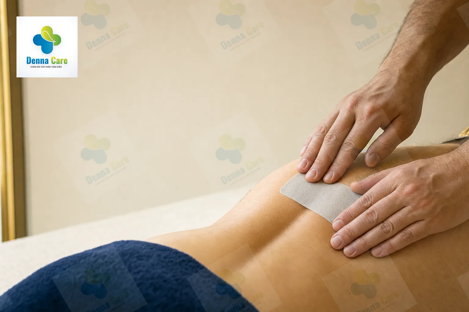 Bàn tay đang dán miếng dán đau lưng đúng vị trí cơ căng