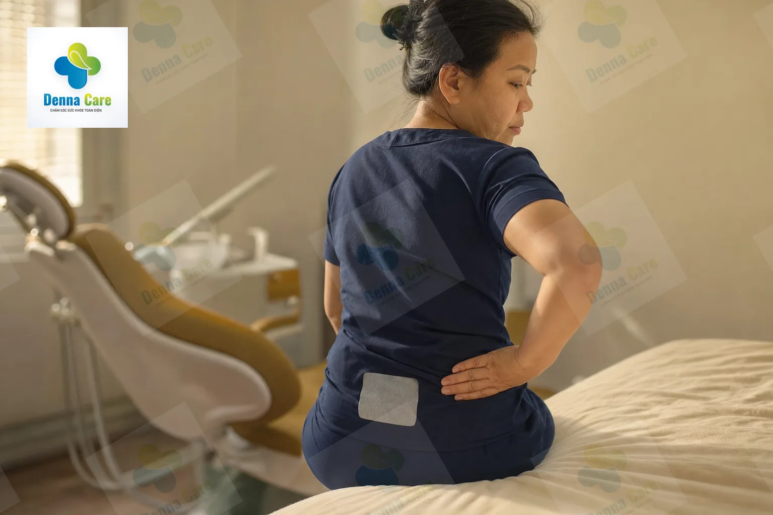 Người trưởng thành chạm tay vào miếng dán đau lưng ở thắt lưng